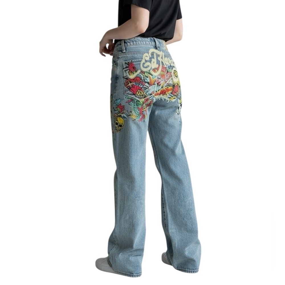 NEW Ed Hardy Tattoo Koi Baggy Jeans Y2K Paint Splatter Multicolor Womens Size 30